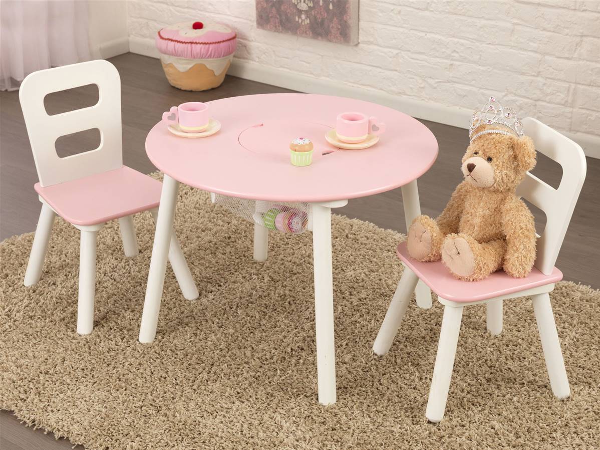 Table ronde en bois coloris lavande pour enfant et 2 chaises