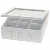 Boite à thé en bois blanc vieilli 9 compartiments