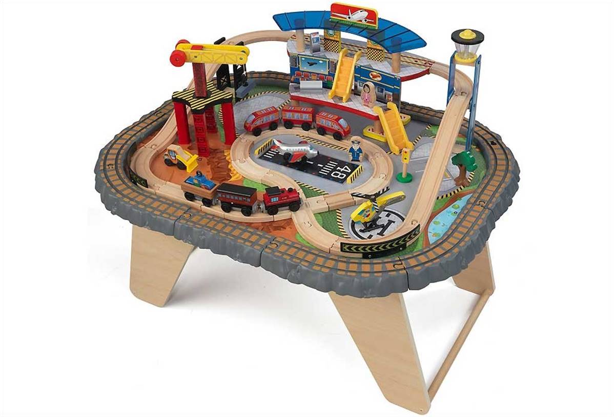 Jouets en bois Circuit de train sur table en bois avec Aéroport et