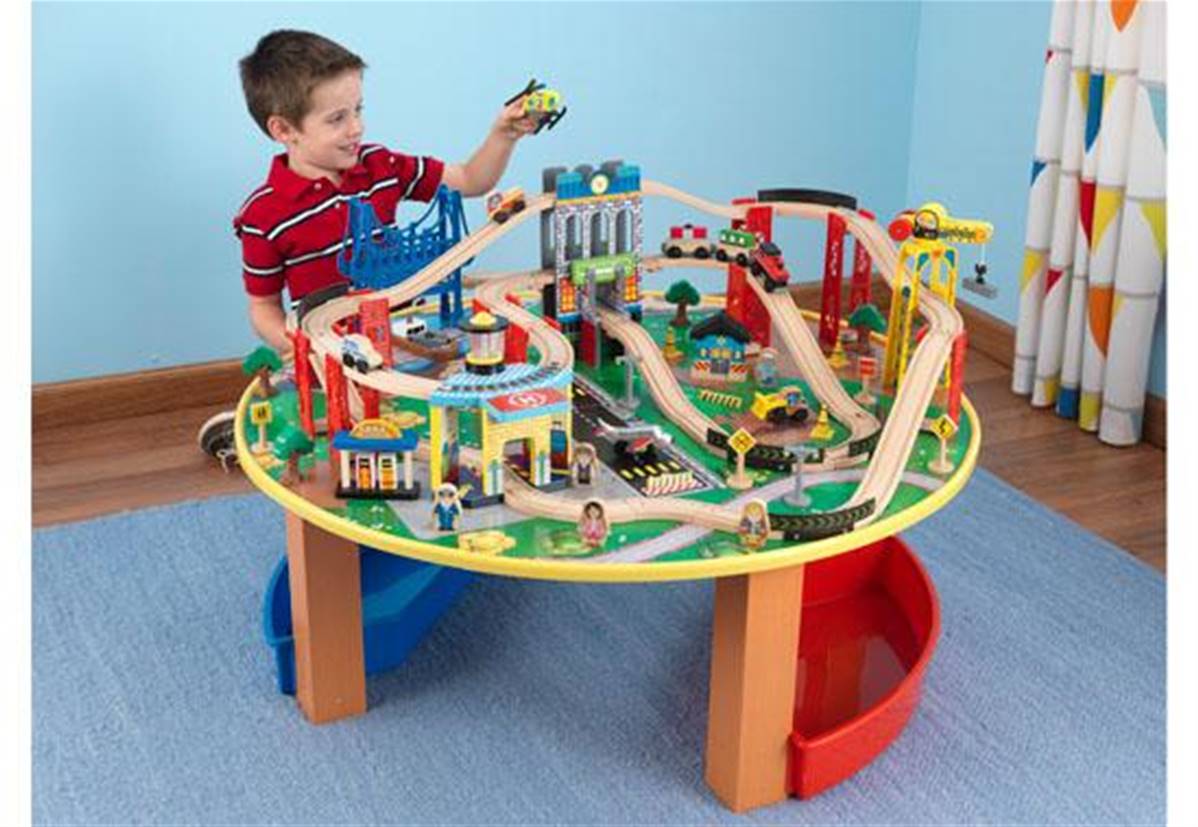 Jouets en bois Circuit de train sur table en bois avec Aéroport et