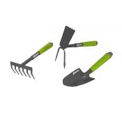 3 outils à mains pour jardinage : serfouette - rateau - transplantoir pour fleur et massif