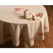 Nappe ronde diametre 180 cm couleur ivoire brodée pivoine rouge