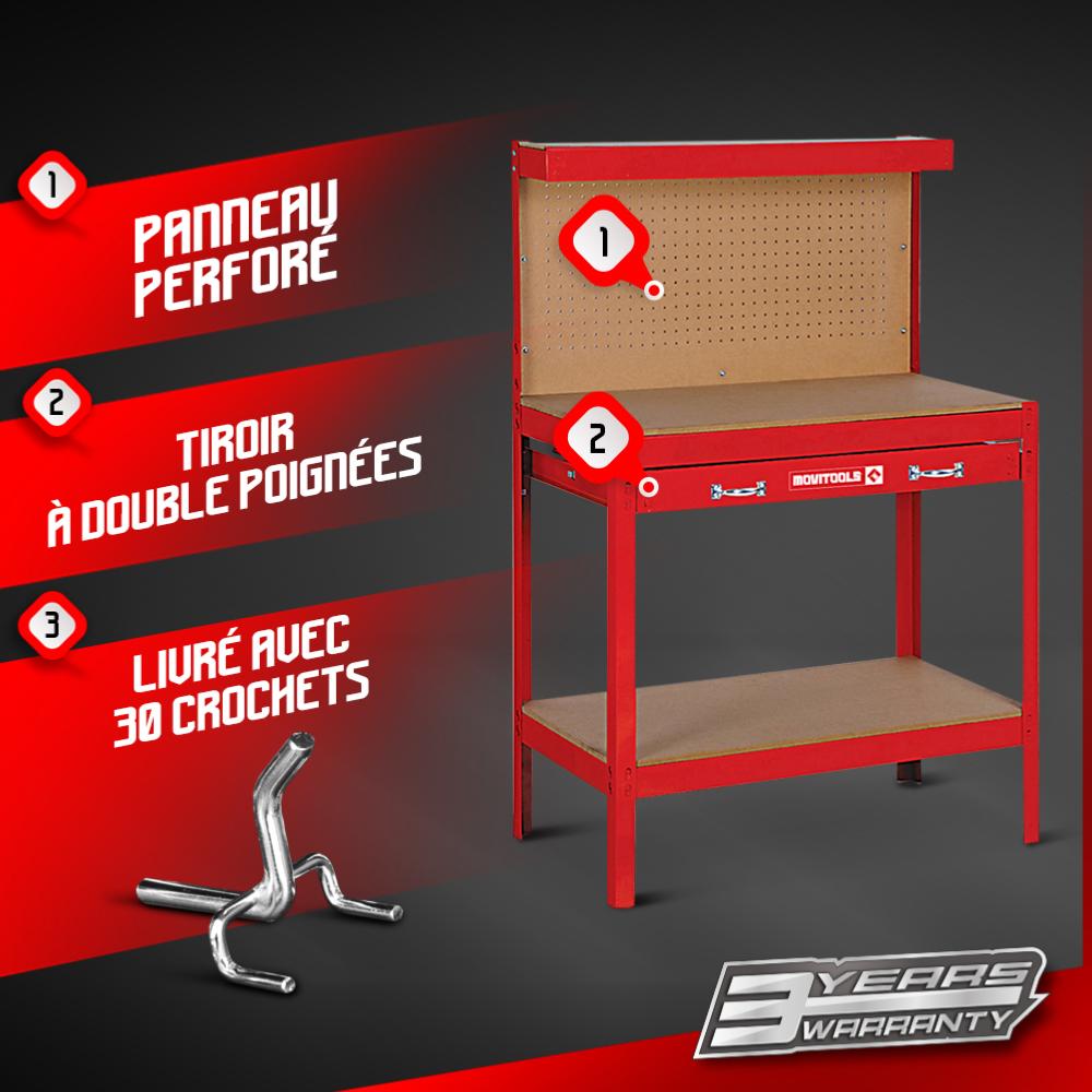 Établi de Travail Rouge Banc Plan de Travail Panneau Perforé Ateliers  Rangement Outils avec Tiroir 2 Niveau Étagère