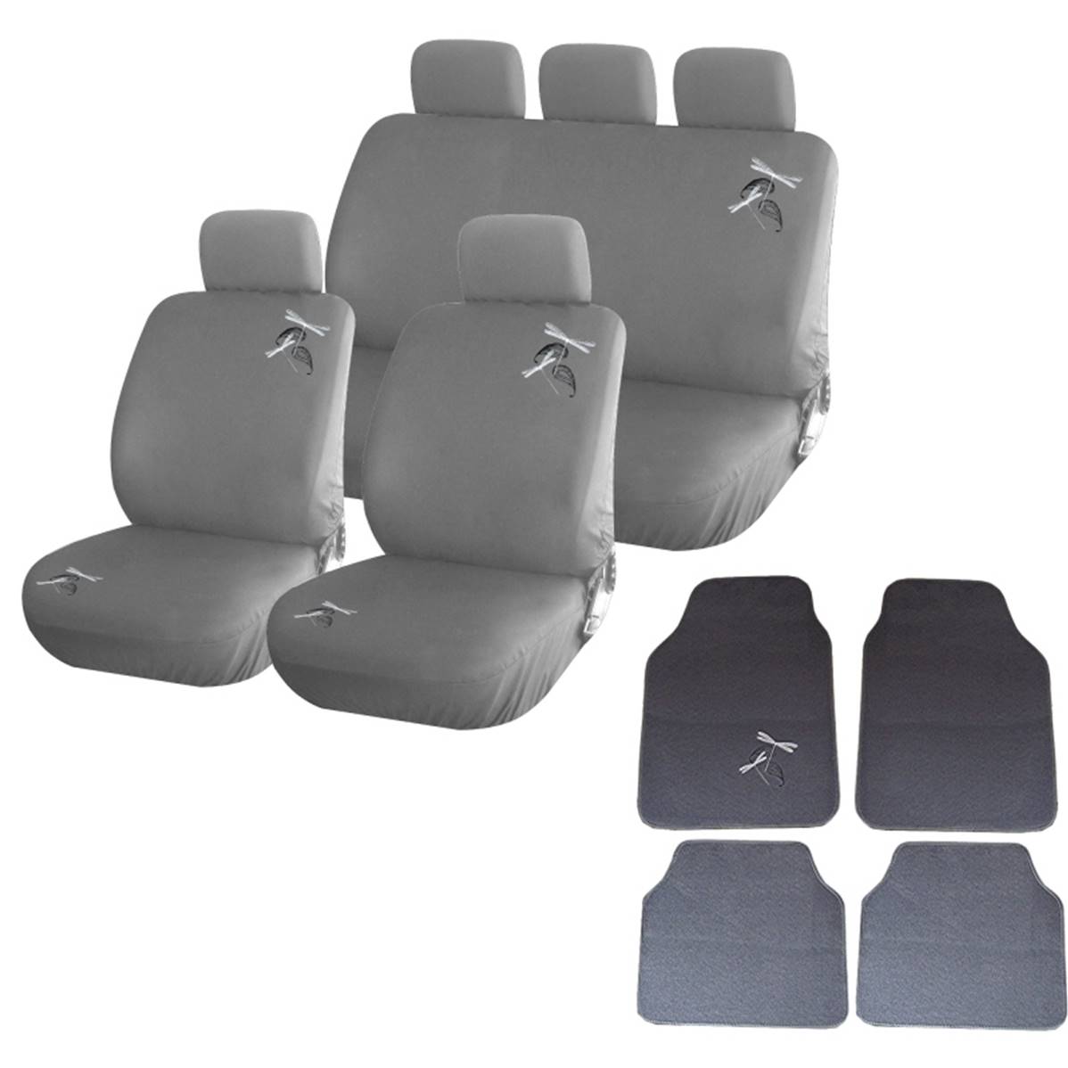 Ensemble housse de siege gris et tapis voiture brodé libellule