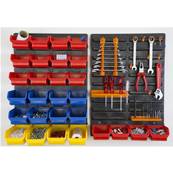 2 panneaux porte outils + 28 bacs de rangement visserie + 10 crochets (atelier) 