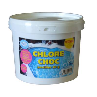 Chlore choc en pastille de 20 grs pour piscine seau de 5 kgs